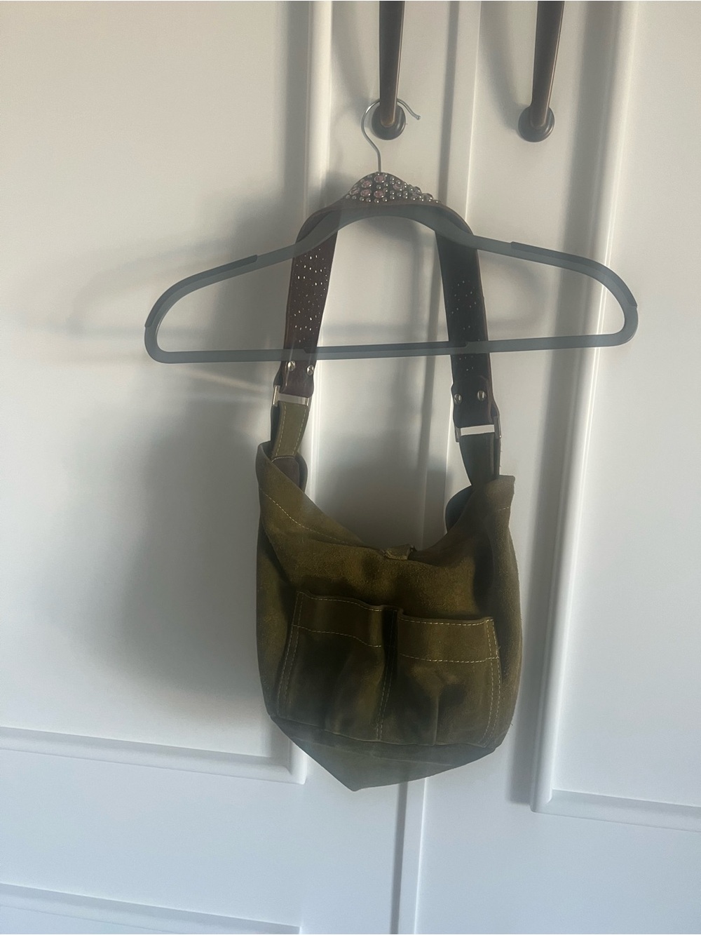 Tylie Malibu Suede Hobo Shoulder Bag Olive Green w/ brown leather strap